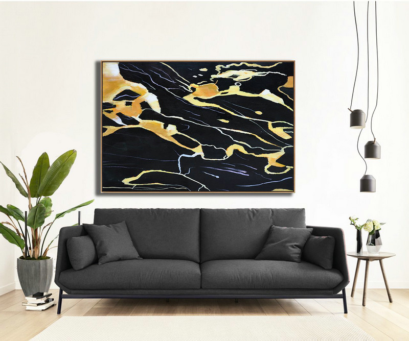 Handmade Large Painting,Hand Painted Oversized Horizontal Abstract Marble Art On Canvas,Huge Abstract Canvas Art,Earthy Yellow ,Black,White.etc